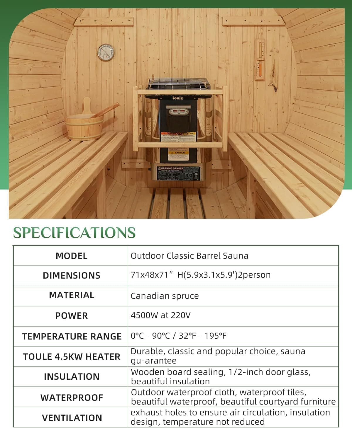 Outdoor 2-Person Spruce Barrel Sauna with Electric Stove thumbnail 3