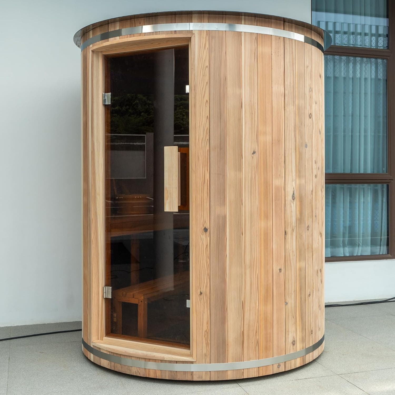 4-Person Cedar Vertical Barrel Sauna with Harvia Heater - Image 1