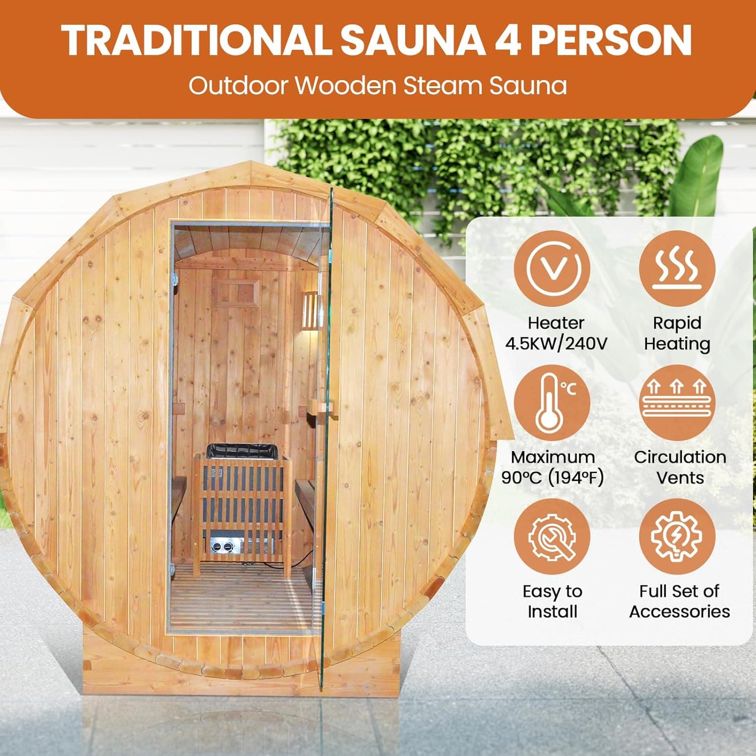 4-Person Carbonized Spruce Barrel Sauna thumbnail 2